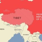Map showing Tibet separately from the People's Republic of China, with surrounding countries including India, Bhutan, Nepal, and Myanmar. Tibet is shaded with red stripes, emphasizing its distinct identity from mainland China. India shares a border with Tibet