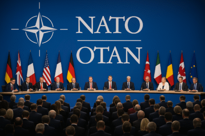 NATO leaders seated at a long table with national flags and NATO logo in the background during an official summit.