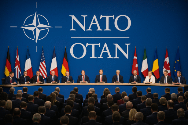 NATO leaders seated at a long table with national flags and NATO logo in the background during an official summit.