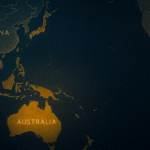 2D strategic map of the Pacific region highlighting Oceania, Australia, China, and the U.S., showing key Indo-Pacific geopolitical positions.
