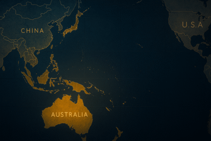 2D strategic map of the Pacific region highlighting Oceania, Australia, China, and the U.S., showing key Indo-Pacific geopolitical positions.